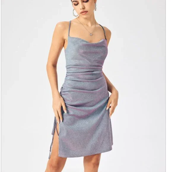 drawstring cowl neck glitter mini dress Velar Embellished Cowl-Neck Mini Dress in Silver main image 1